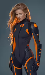 the beautiful lady in the orange and black catsuit suit