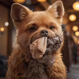 a dog with something in its mouth outside