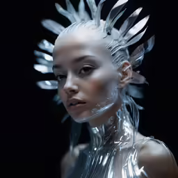 a futuristic woman with a silver hair and a head sculpture made from feathers