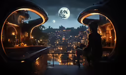 a man sitting in front of a window next to the moon