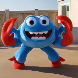 large blue creature inflatable on cement near building