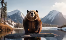a large bear standing on the edge of a lake