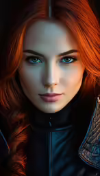 the actress is in a black jacket with blue eyes