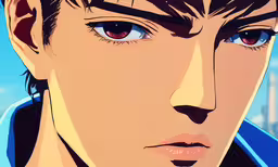 an anime man with brown eyes, and blue shirt,a young man staring at the camera in the background