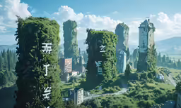 a computer generated image of many large towers with trees in the middle of them
