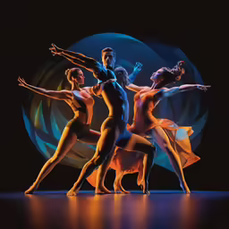 three dancers pose in front of a circular graphic