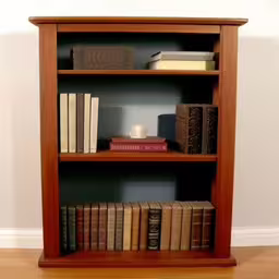 an empty bookcase with books and a candle,an old wooden bookcase with books on it,an old bookshelf is filled with books and many others,a book shelf with several books on it,a book shelf full of different types of books