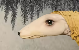 the large white sheep is wearing a yellow cloth on its head
