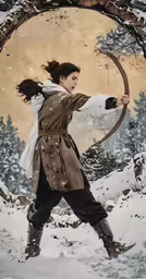 a young woman standing in the snow holding a bow and arrow
