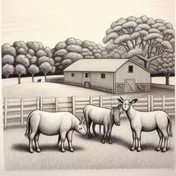 an artwork of three sheep standing in the middle of a field near a barn,a drawing of two sheep next to a barn