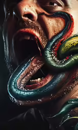 a man with two snake serpents on his teeth