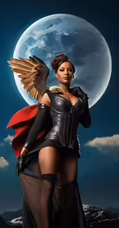 a black woman in lingerie posing with a large moon behind her