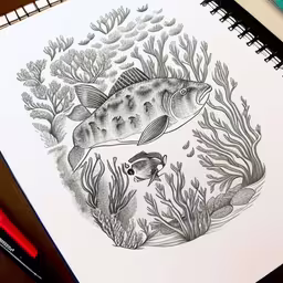 a drawing with fish and plants on top