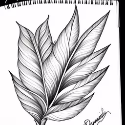 a drawing of leaves and a name in a notebook,a pencil drawing of a leaf on a spiral notebook