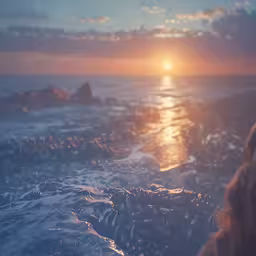 a woman stands on top of a beach as the sun is setting