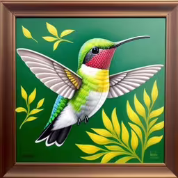 a painting of a hummingbird flying above green leaves,a hummingbird with large wings in a brown frame