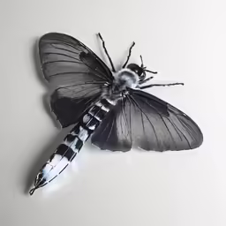 a large black and white insect with blue stripes