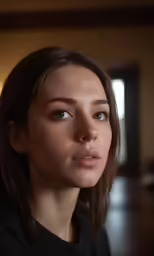a woman has very big eyes with a dark background