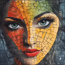 colorful face of a woman with cracked tile and feather like hair