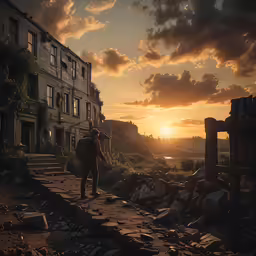 a person with backpacks walks up a path at sunset