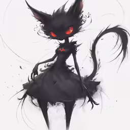 an artistic black cat with red eyes and long tail