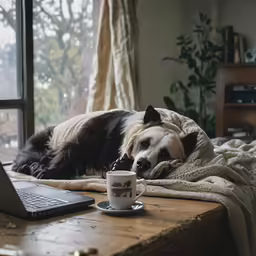 a dog rests on a bed with a laptop and cup on it