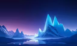 a blue snow mountain next to water under a purple sky