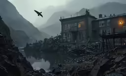 a group of birds flying over a lake next to a mountain