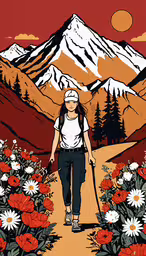 a woman walking in the mountains with her dog,a drawing of a person walking through wildflowers in front of a mountain