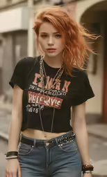 a girl with red hair wearing jeans and a black t - shirt