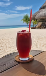 a drink with straw on a table at the beach