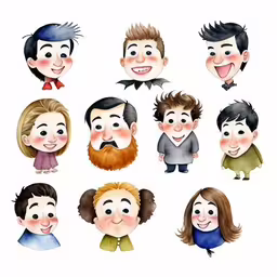 a painting of people that are all looking alike,a drawing of a group of people that are sitting