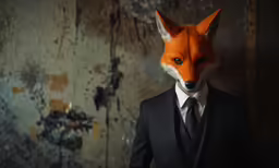 the man is wearing a fake fox mask