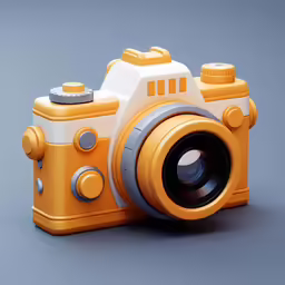 an orange and white camera sitting on top of a table