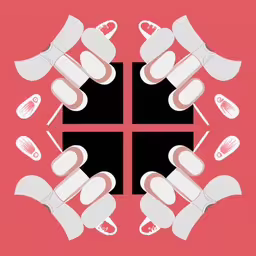 two identical images that look like they could have a red background,a picture that looks very strange with scissors and tape,a black square with scissors and other things on it,four red squares in a circle on a black background,a circular design with four pointed shapes, on red background