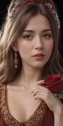 a beautiful young woman holding a rose wearing a dress