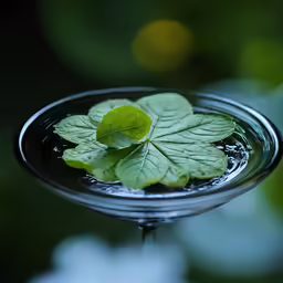 leaves floating on water in small dish with bubbles