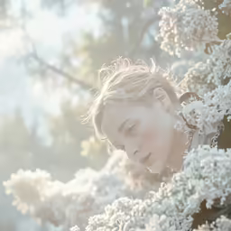 a girl standing by a tree with white flowers