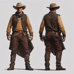 two images of cowboys standing with guns and hats on