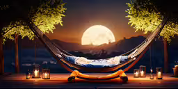 a man lying in a hammock with candles around him,a person lounging in a hammock on a patio by lanterns