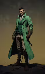an illustration of a man dressed up in a coat and hat,a painting of an old fashioned gentleman with a green coat and bow tie