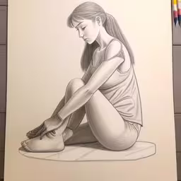 a drawing of a girl sitting with her legs crossed,a drawing of a young woman sitting on a bed