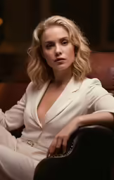 a woman sitting on top of a chair next to a lamp