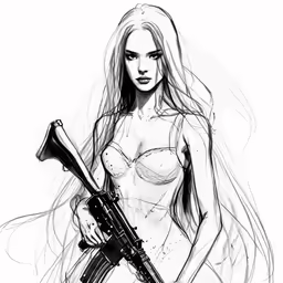 a woman in lingerie with an automatic rifle drawing