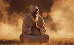the man in white is sitting on a brown ground