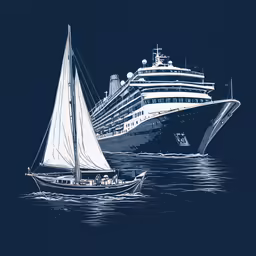an ink drawing of a cruise ship and a sailboat