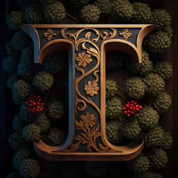 the letter t is made from metal and has berries on it