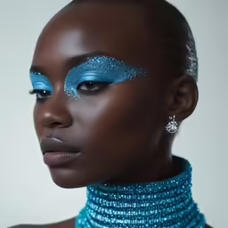 a woman in blue makeup wearing a blue necklace