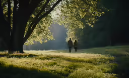 a couple is walking through a grassy area under some trees