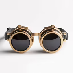a pair of gold sunglasses sitting on top of a white background